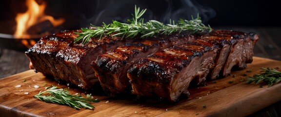 Close-up of glistening fall-off-the-bone baby back ribs perfectl