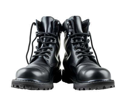 Black leather military boots on transparent background