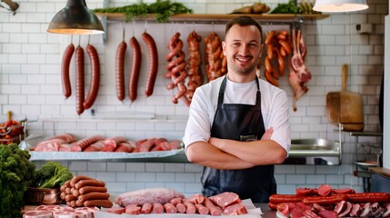 Salesman in butchery stands in a shop for meat and sausage