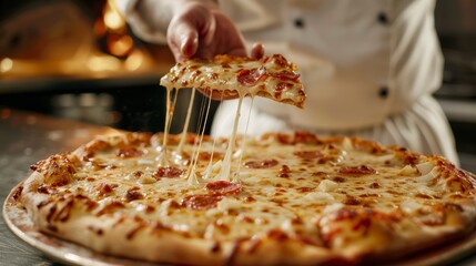 Culinary Delight - Chef Hand Sprinkling Cheese on a Delicious Freshly Baked Pizza