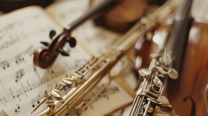 Obraz premium Various musical instruments lie on sheet music of a symphony