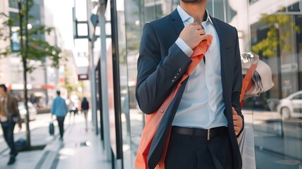 Obraz premium Young businessman confidently walking down a city street, holding his jacket over his shoulder.