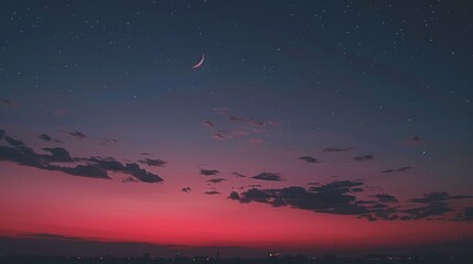 Naklejka premium Romantic Sunset Sky with Crescent Moon and Heart-Shaped Clouds Over City