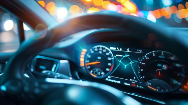 Close-up of a hybrid car dashboard displaying digital speedometer and navigation details - Powered by Adobe