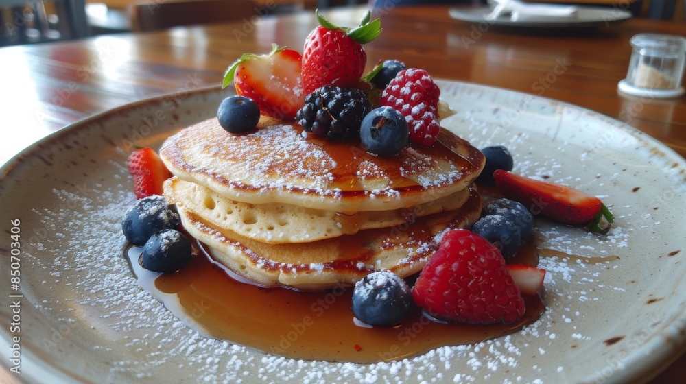 Poster Close-up of a plate of fluffy pancakes served with fresh berries and maple syrup at a cafe