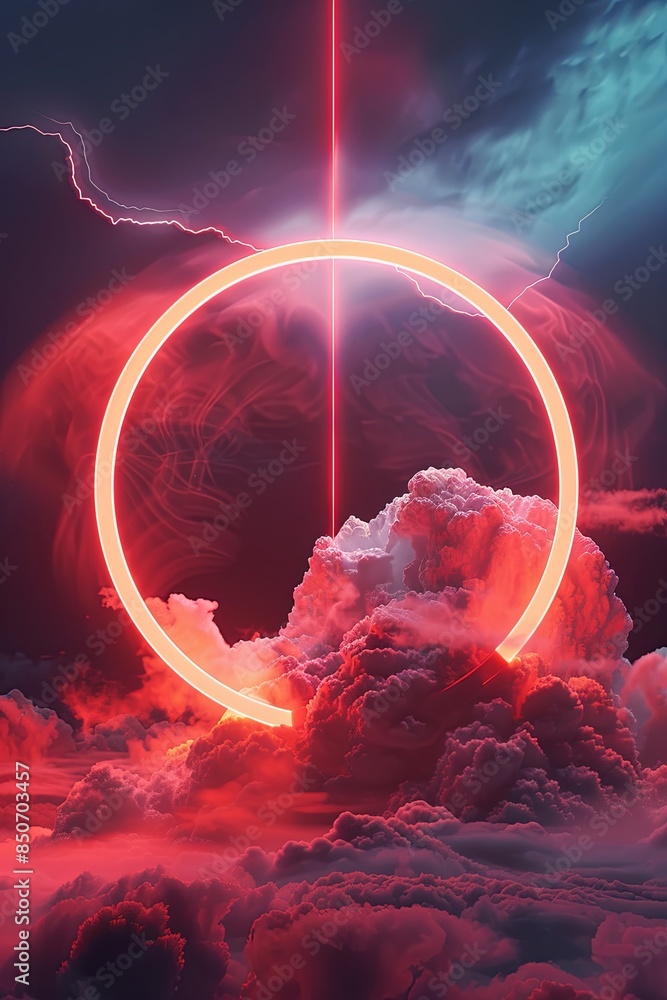 Poster looping 3d animation. the glowing neon ring and illuminated thundercloud spin and spin endlessly. ab