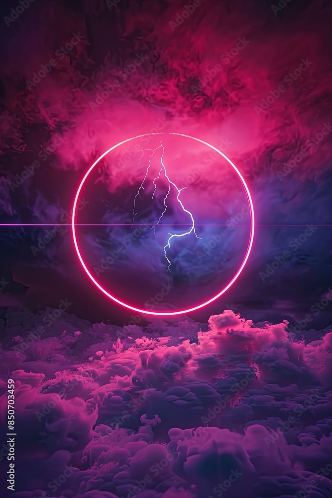 Poster looping 3d animation. the glowing neon ring and illuminated thundercloud spin and spin endlessly. ab