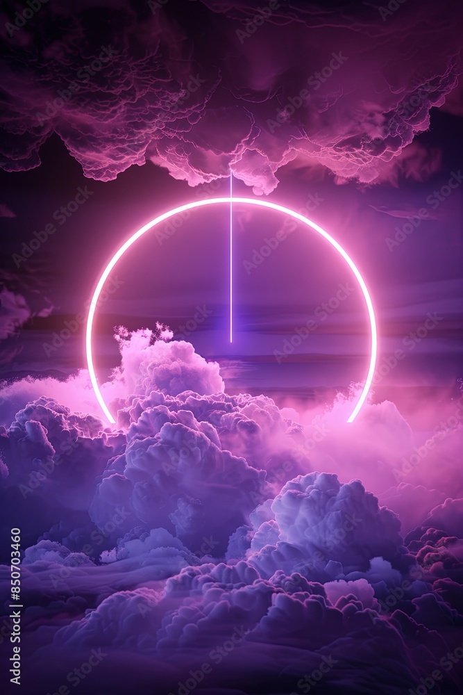 Poster looping 3d animation. the glowing neon ring and illuminated thundercloud spin and spin endlessly. ab
