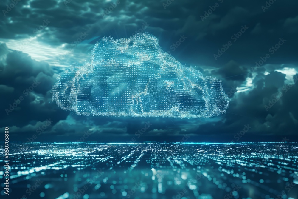 Poster conceptual image of a digital cloud composed of glowing dots, hovering above a technologically advan