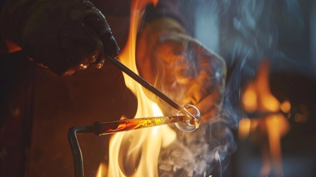 Close-up of a glassblower using gravity to stretch hot glass into a thin rod, capturing the tension and elongation --ar 16:9 Job ID: ecdf7a93-a9e2-4ff6-b548-e939280ba630