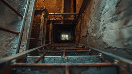 Folding metal stairs to attic, open hatch, intricate and detailed steps, raw mechanical design, soft warm lighting