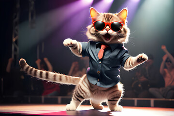 A cute cat dancing on stage with sunglasses on