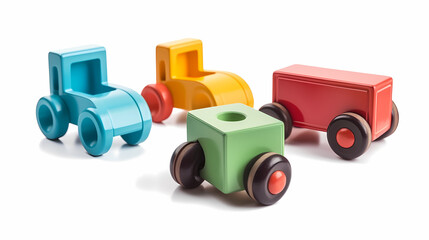Fototapeta premium Set of 3 colorful classic toddler cutout or child's toys of car wheels, xylophone and geometric cubes isolated on white.