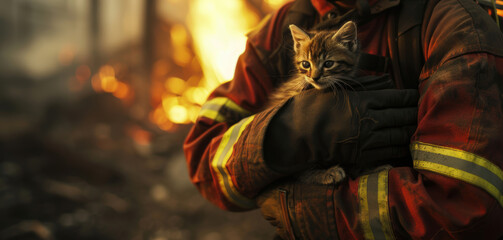 A firefighter cradling a kitten in their hands, walking away from a burning structure