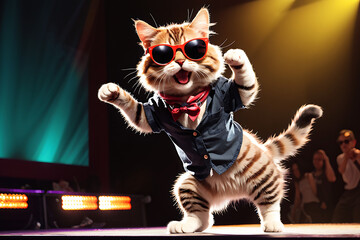 A cute cat dancing on stage with sunglasses on
