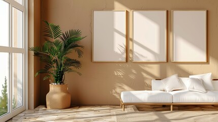Gallery with vibrant light brown walls, medium-sized empty blank frames on display, perfect for striking advertisements, modern and clean design