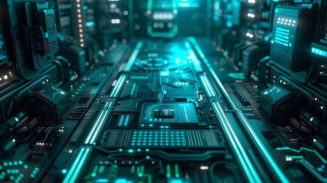 Futuristic tech setup with matte black wireframe and emerald blue-green plexus, intricate and vibrant, high-tech feel