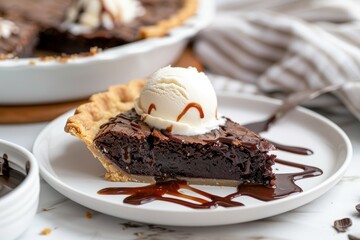 Chocolate Brownie Pie With Vanilla Ice Cream and Chocolate Sauce