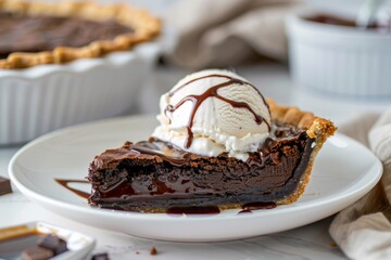 Chocolate Brownie Pie With Vanilla Ice Cream and Chocolate Sauce