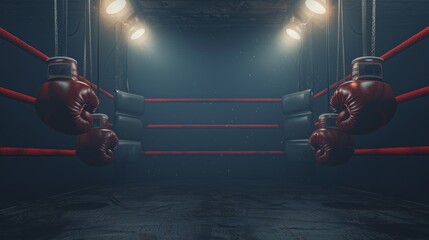 Empty dimly lit boxing ring with hanging red gloves, showcasing intensity and readiness for a match. Captures the essence of combat sports.