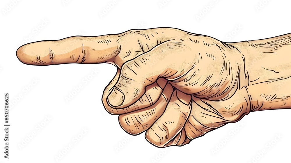 Poster detailed of a hand pointing with extended index finger on white background