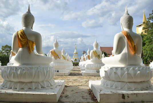 The white Buddha statue was created by a devotee for a Buddhist temple.Thailand, Khemmarat, Ubon ratchathani