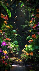 Dark rainforest sun rays through the trees and birds digital illustration. AI generated illustration.