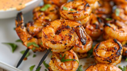 Close-up of grilled shrimp skewers with a spicy Cajun seasoning and served with remoulade sauce