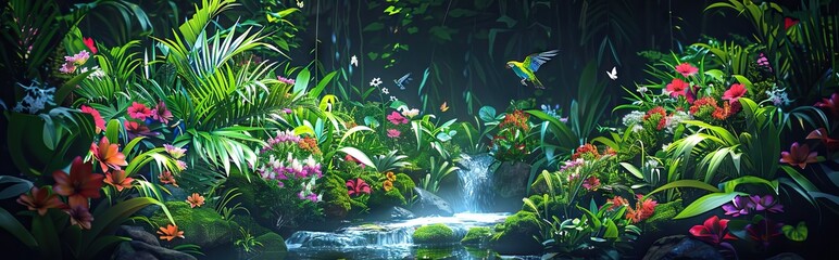 Dark rainforest sun rays through the trees and birds digital illustration. AI generated illustration.