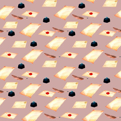 Antique letters and envelopes. Old-fahioned vintage watercolor clip art. Seamless pattern in retro style for prints on wallpaper, textiles, diy, scrapbooking for packaging