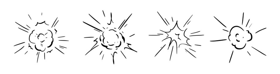 Radial explosion vector illustration. Exploding bursts, round explosions cloud and exploded bomb comic book or manga effect. Explosion burst dust, power bombs explode. Isolated cartoon graphic set. © KPstudio