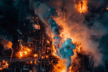 Obraz premium Aerial view of a big explosion and fire on a power plant. Stock concept.