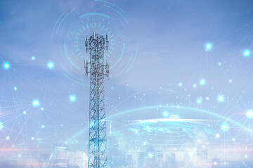 Telecommunication tower or Mobile phone tower with 5G cellular network . Global connection and internet network concept.on city background.