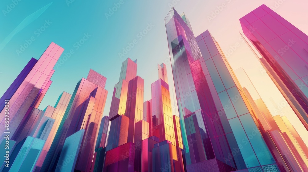 Poster futuristic skyline with abstract geometric skyscrapers, illustrating innovation in architecture