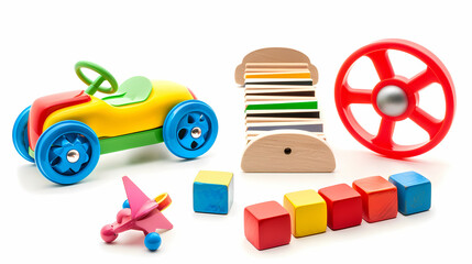 Set of 3 colorful classic toddler cutout or child's toys of car wheels, xylophone and geometric cubes isolated on white.
