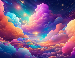 天国のような幻想的でカラフルな雲と光る天体のイラスト素材	