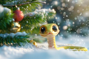 A charmingly stylized snake with sparkling eyes emerges from a wintry scene