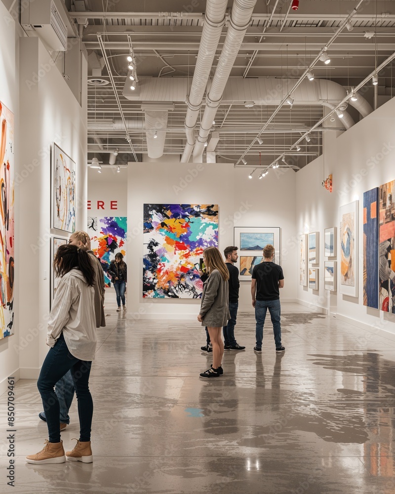 Wall mural a group of people looking at art on display