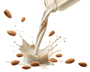 Delicious almond milk pouring and splashing with almonds, cut out