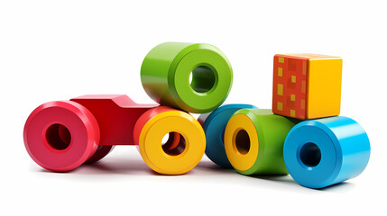 Set of 3 colorful classic toddler cutout or child's toys of car wheels, xylophone and geometric cubes isolated on white.