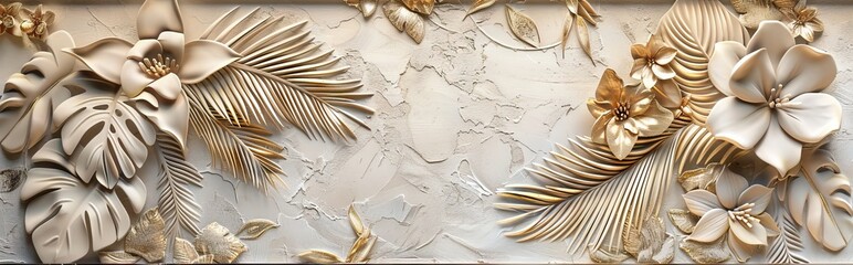 Gold floral plants and palm leaves Wallpaper Mural, 3d illustration, grey background, abstract tropical leaves, banana leaves with 3d lines. AI generated illustration