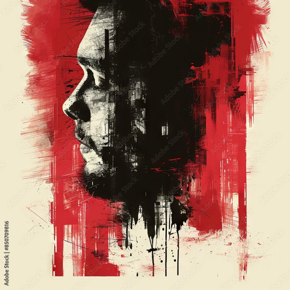 Poster abstract portrait of a man in profile, done in digital art style. the image is combined with rough s