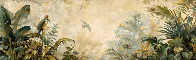 Modern wallpaper. Watercolor jungle illustration. Crane bird elements, watercolor painting wallpaper. Mural wallpaper. AI generated illustration