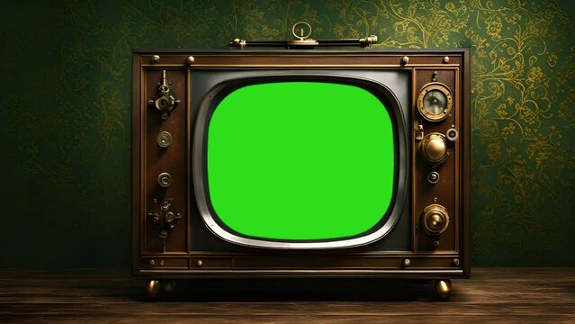 Steampunk vintage television with green screen
