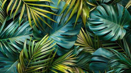 Fototapeta premium Close-up of overlapping tropical palm leaves creating a natural pattern