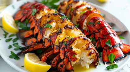Grilled lobster tails with melted butter and lemon wedges, served on a white plate