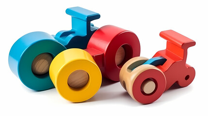 Set of 3 colorful classic toddler cutout or child's toys of car wheels, xylophone and geometric cubes isolated on white.