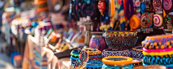 Fototapeta premium Colorful handmade crafts and trinkets displayed at a vibrant marketplace, showcasing traditional artistry and intricate designs. Perfect for cultural visuals.
