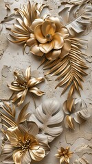 Gold floral plants and palm leaves Wallpaper Mural, 3d illustration, grey background, abstract tropical leaves, banana leaves with 3d lines. AI generated illustration