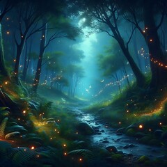 Obraz premium Magical Nighttime Woodland Scene with Fireflies
